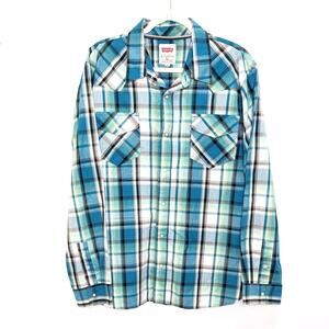 Levi's Modern Mens XL Button Up Shirt Pearl Snap Western Cotton Plaid Green Blue
